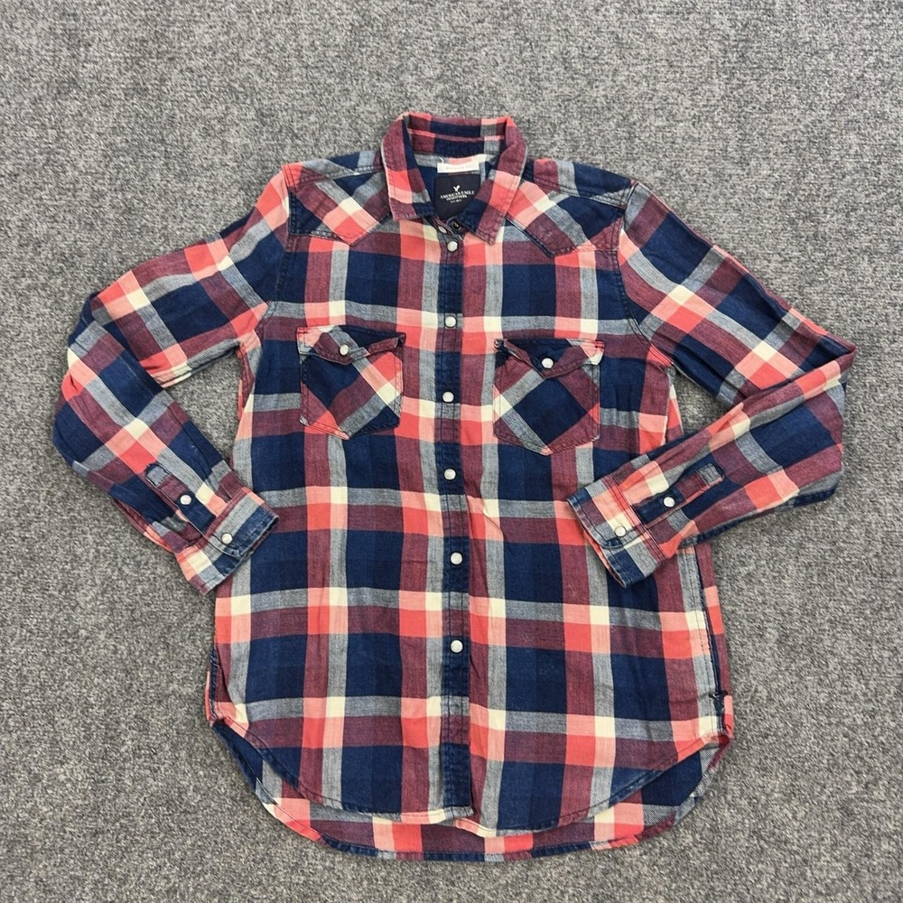 American Eagle Outfitters Button Up Shirt Womens Small Red Blue Plaid Boyfriend